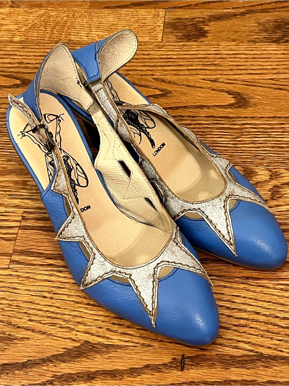 Fly London Blue & Silver Starburst Slingback Heels EU37/US 6.5-7